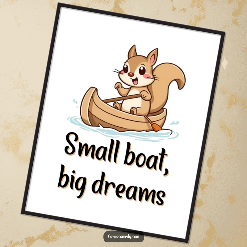 Funny Free Printable Wall Art: An excited squirrel steering a tiny canoe with great enthusiasm, perfect for whimsical home decor.