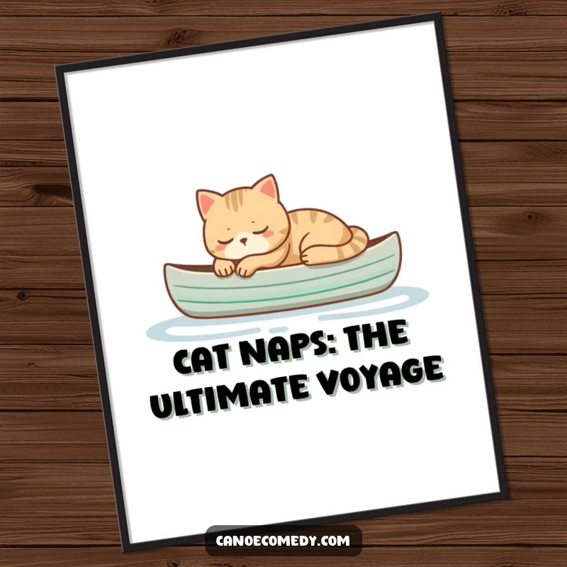 Funny Free Printable Wall Art depicting a cat peacefully napping in a small canoe, creating a humorous and serene atmosphere.