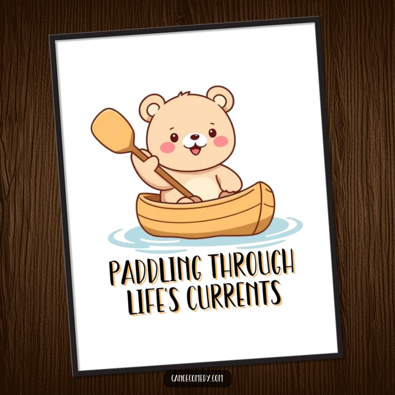 Funny free printable wall art of a cute kawaii bear navigating a canoe, energetically waving its paddle with a big, happy smile.
