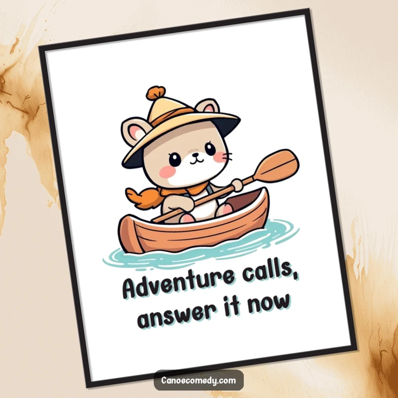 Funny Free Printable Wall Art: Kawaii animal in a tiny hat, looking very adventurous while steering a canoe.