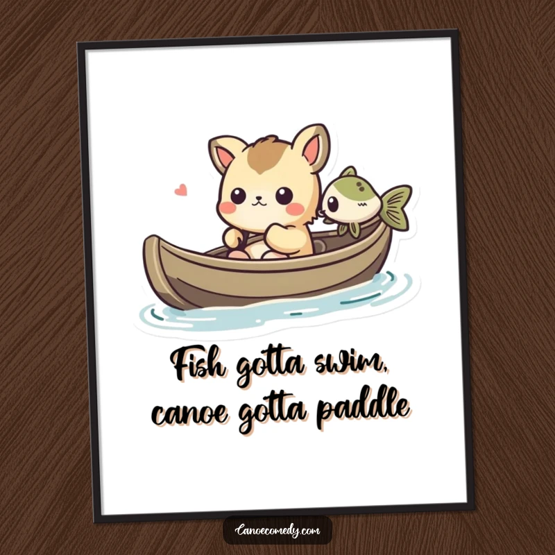 Funny Free Printable Wall Art: Kawaii animal in a canoe looking amused at a small fish, a charming and humorous wildlife moment.