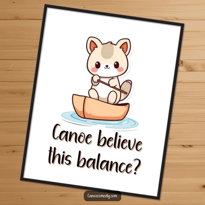 Funny Free Printable Wall Art: Kawaii animal comically balancing in a tiny canoe, full of precarious motion and humor.