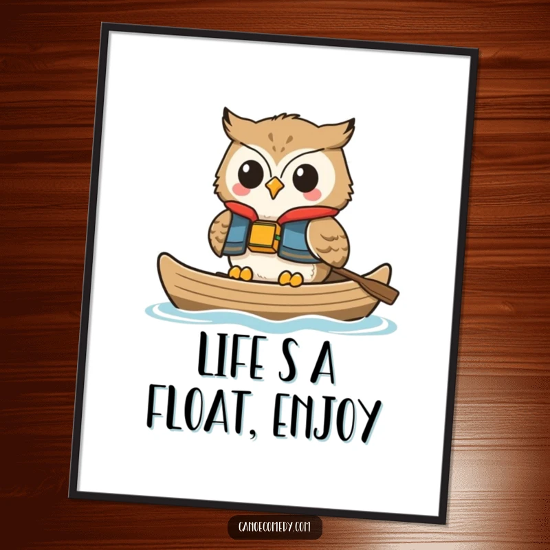 Funny Free Printable Wall Art: Happy owl wearing a life vest, smiling and floating serenely in a canoe, peaceful humorous decor.