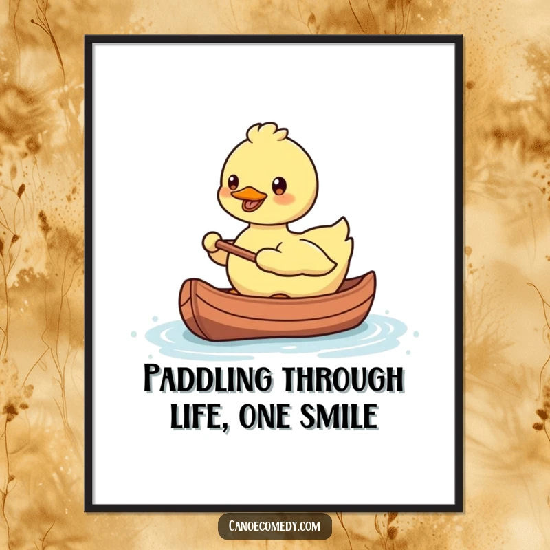 Funny Free Printable Wall Art: A delightful Kawaii duck paddling a miniature canoe with a wide smile, enjoying a peaceful water journey.