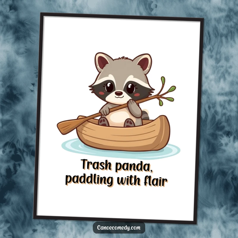 Funny Free Printable Wall Art: Adorable Kawaii raccoon skillfully steering a canoe with a twig, adding a playful touch.