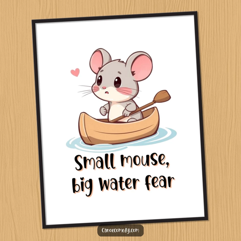 Funny Free Printable Wall Art: A tiny mouse's face is a mask of terror as it paddles a canoe, a comically anxious piece.