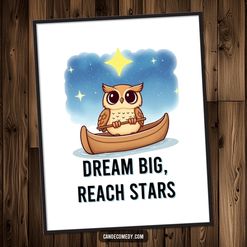 Funny Free Printable Wall Art: Owl in a canoe looking up at a vast, twinkling starry sky with wonder, magical humorous decor.