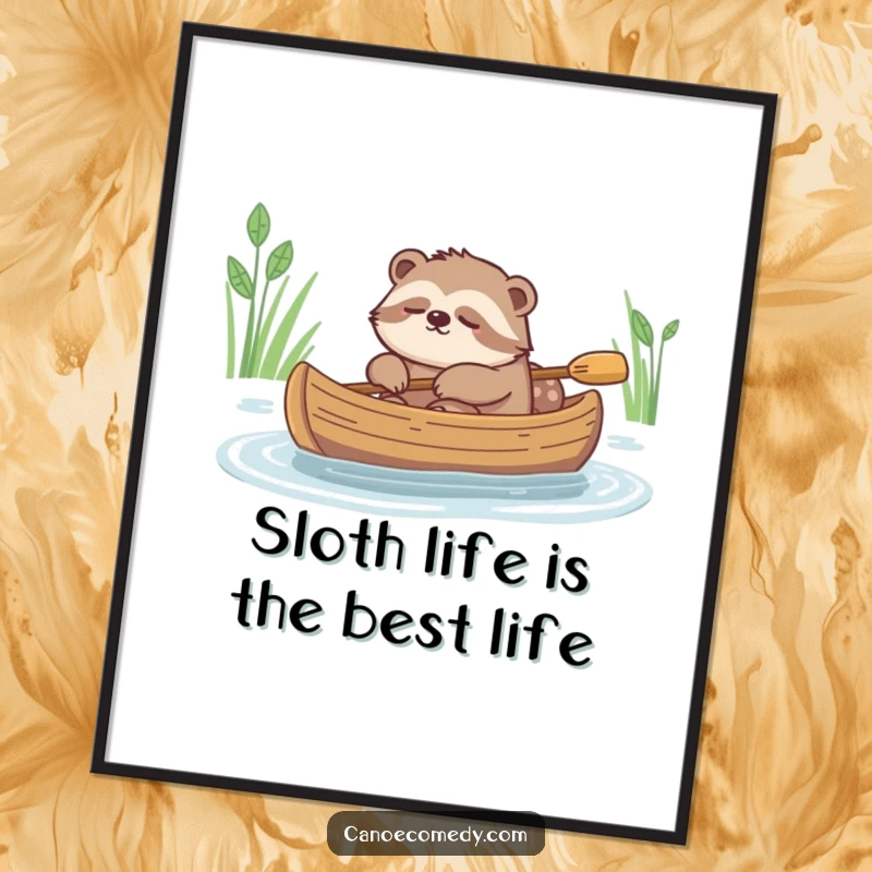 Funny Free Printable Wall Art: A serene sloth napping in a canoe, drifting peacefully downstream.