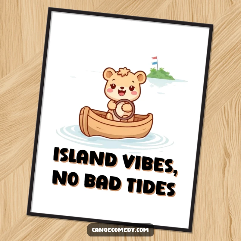 Funny Free Printable Wall Art: A happy animal steering a canoe towards a distant, sparkly island, embodying dreams.