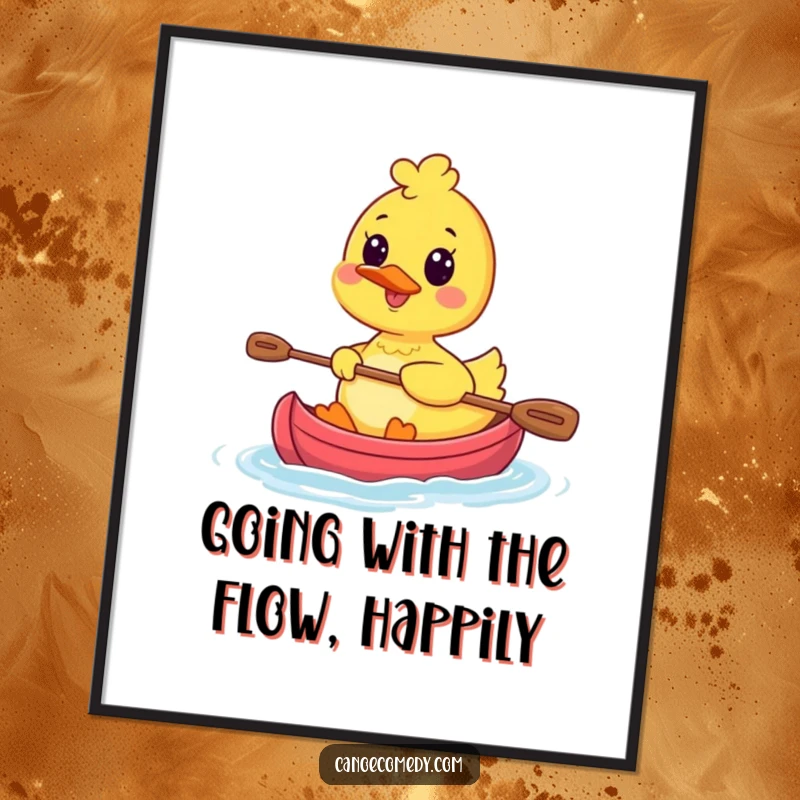 Funny free printable wall art of a super happy kawaii duck character paddling a tiny canoe with a massive, cheerful smile.