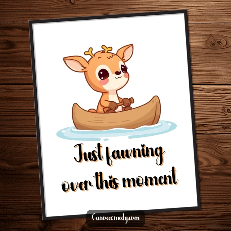 Funny free printable wall art of a small deer in a canoe looking up in wonder, an enchanting decor piece.