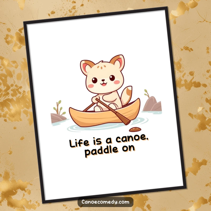 Funny Free Printable Wall Art: Kawaii animal precariously balancing in a tiny canoe, radiating quirky charm.