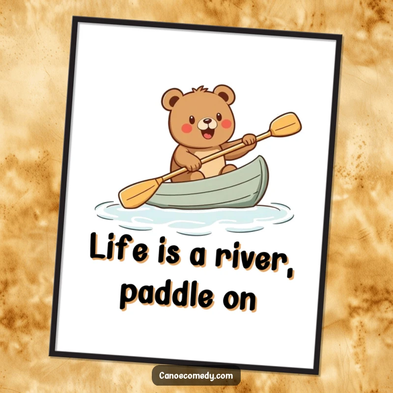 Funny Free Printable Wall Art: An energetic cartoon bear paddles a canoe with pure excitement, ready for an adventure.