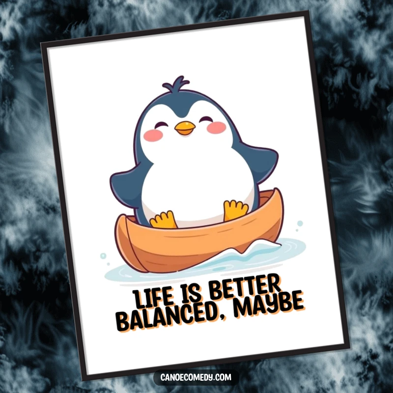 Funny Free Printable Wall Art: Plump kawaii penguin comically unbalanced in a canoe, looking delighted, quirky downloadable art.