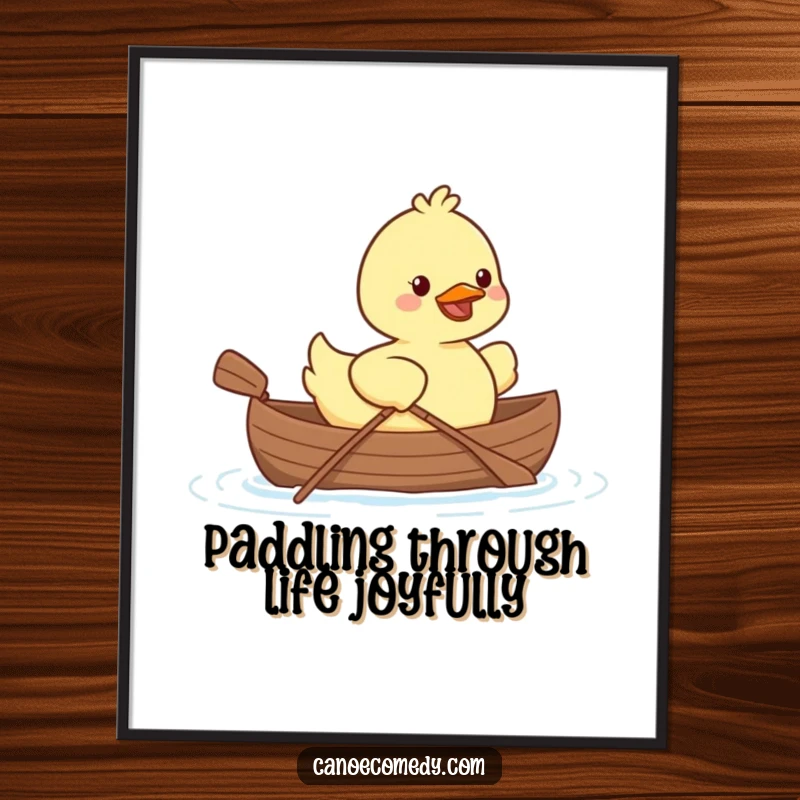 Funny Free Printable Kawaii duck smiling, paddling a tiny canoe, cute printable wall art.