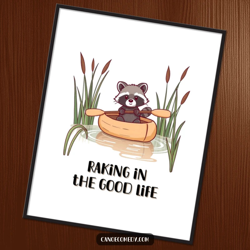 Funny Free Printable Wall Art: A raccoon skillfully navigating a canoe through tall reeds, perfect for quirky home decor.