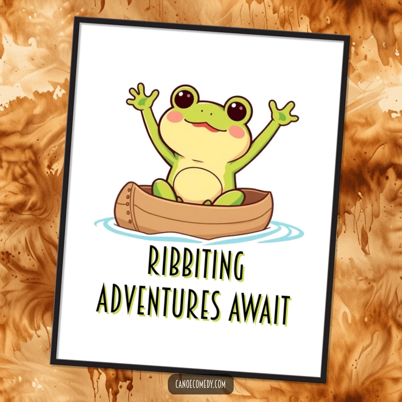 Funny Free Printable Kawaii frog excitedly waving arms in a canoe, cute printable wall art.