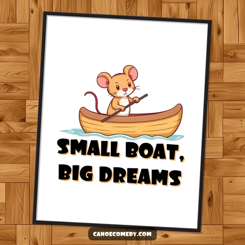Funny Free Printable Wall Art: A tiny mouse with a determined look, captaining a large canoe.