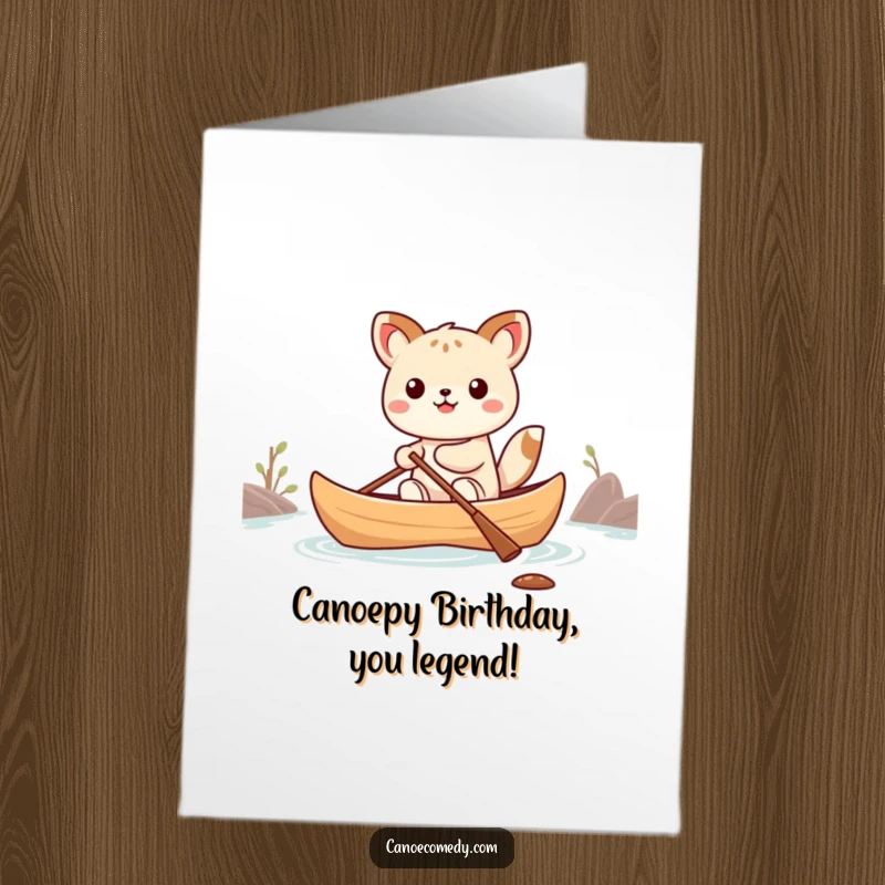 Funny Free Printable Birthday Card: Kawaii animal struggling to balance in a tiny canoe looking panicked.