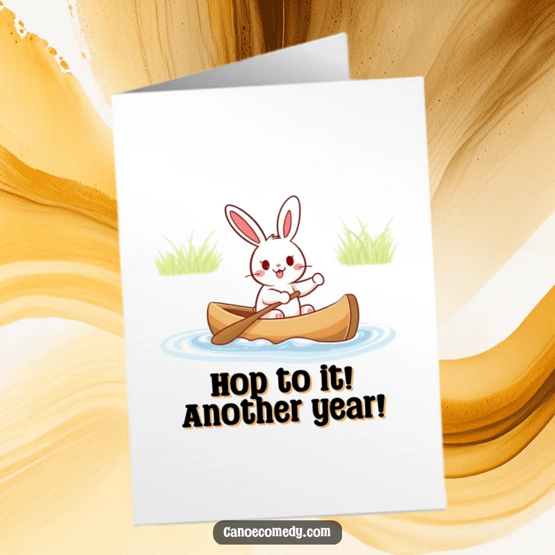 Funny Free Printable Birthday Card: Happy rabbit paddling a canoe with excitement, perfect for a cheerful celebration.