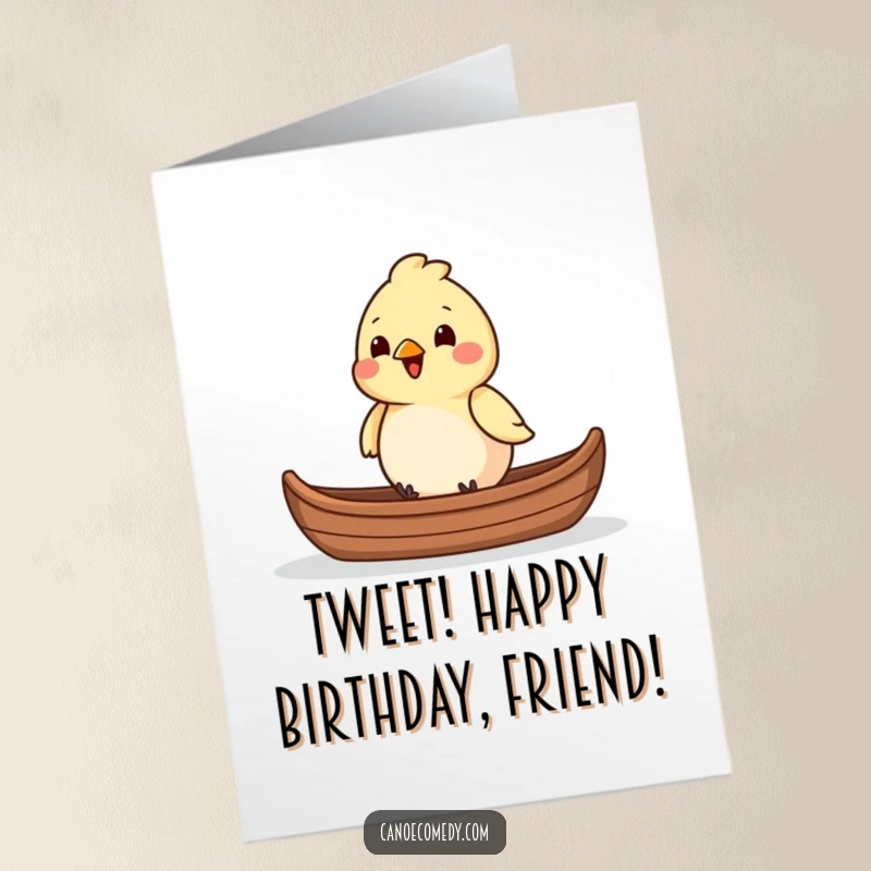 Funny Free Printable Birthday Card: A chirpy bird sits proudly in the front of a canoe, ready to celebrate your special day.