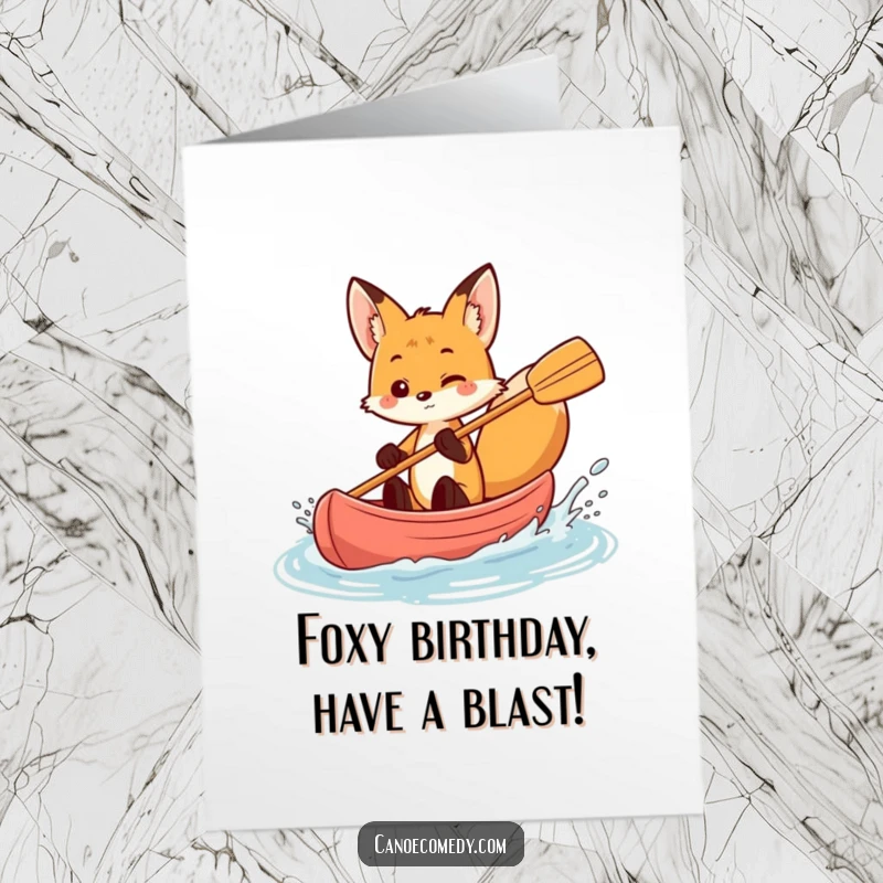 Funny Free Printable Birthday Card: Fox playfully splashing water from canoe, energetic, joyful, downloadable gift.