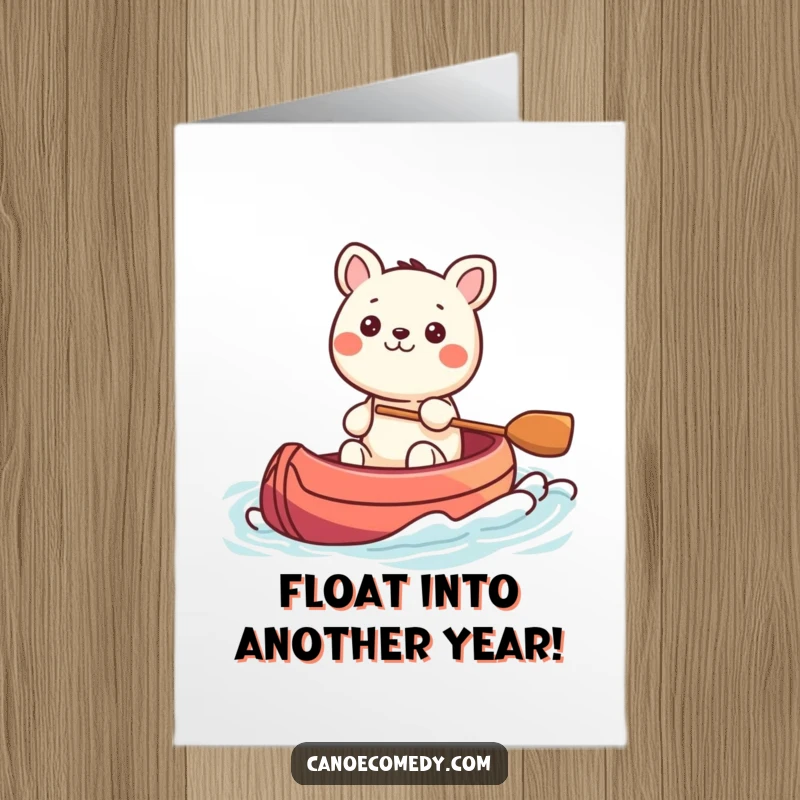 Funny Free Printable Birthday Card: Kawaii animal calmly steering a colorful canoe on gentle waves for a birthday.