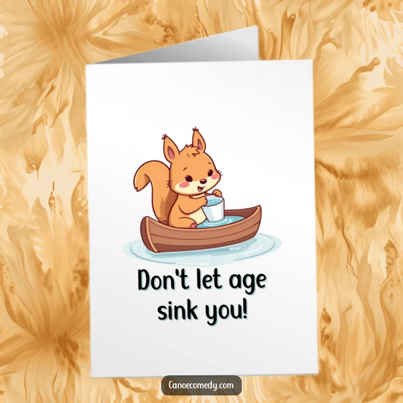 Funny Free Printable Birthday Card: Playful squirrel frantically bailing water from a sinking canoe with a tiny cup.
