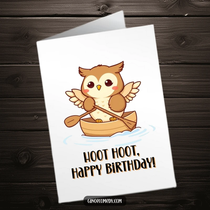 Funny Free Printable Birthday Card: A happy owl paddles a canoe, its wings gently dipping into the water.