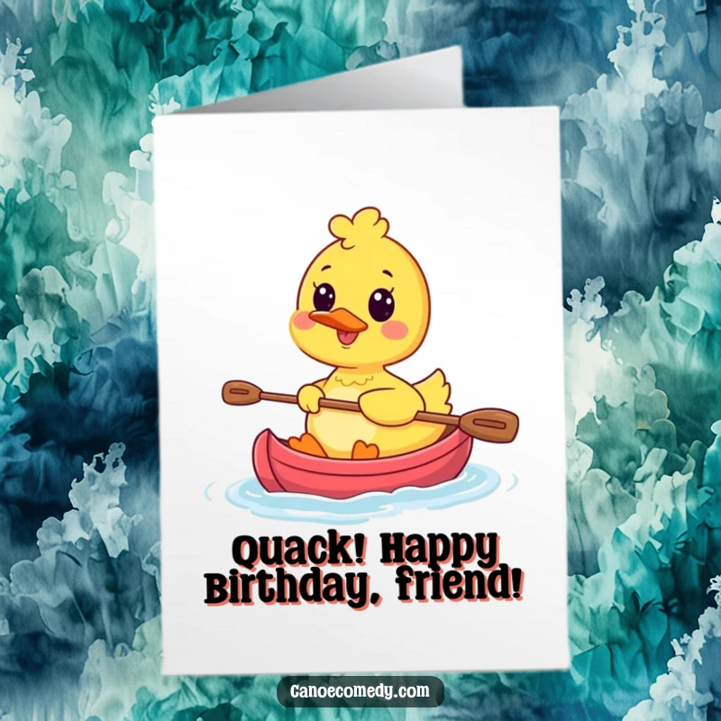 Funny free printable birthday card showing a kawaii duck character happily paddling a tiny canoe with a huge, infectious smile.