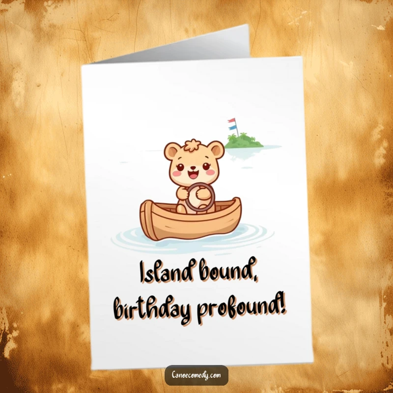 Funny Free Printable Birthday Card: A happy animal steering a canoe towards a distant, sparkly island, celebrating wishes.