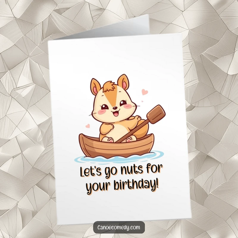 Funny Free Printable Birthday Card: Giggling kawaii squirrel waving paws from a nutshell canoe, full of birthday cheer.