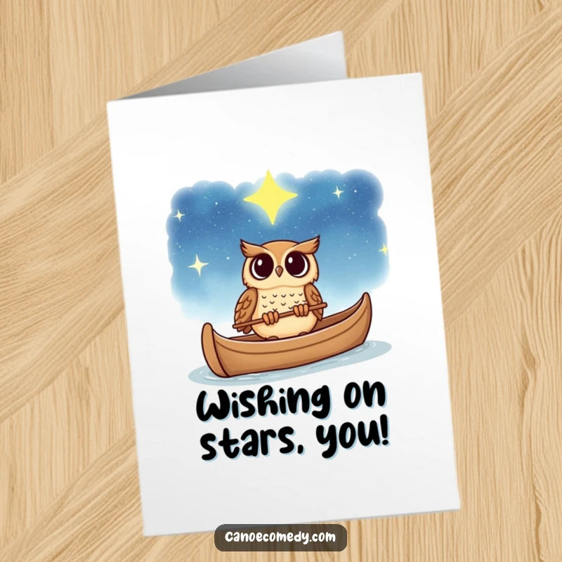 Funny Free Printable Birthday Card: Owl looking up at a starry sky from a canoe, filled with wonder, magical DIY gift.