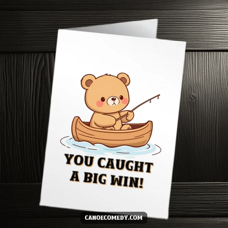 Funny Free Printable Congrats Card: Content kawaii bear fishing from a canoe, celebrating a successful catch.