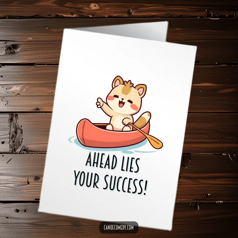 Funny Free Printable Congrats Card: Kawaii animal in a canoe pointing enthusiastically towards a bright future.