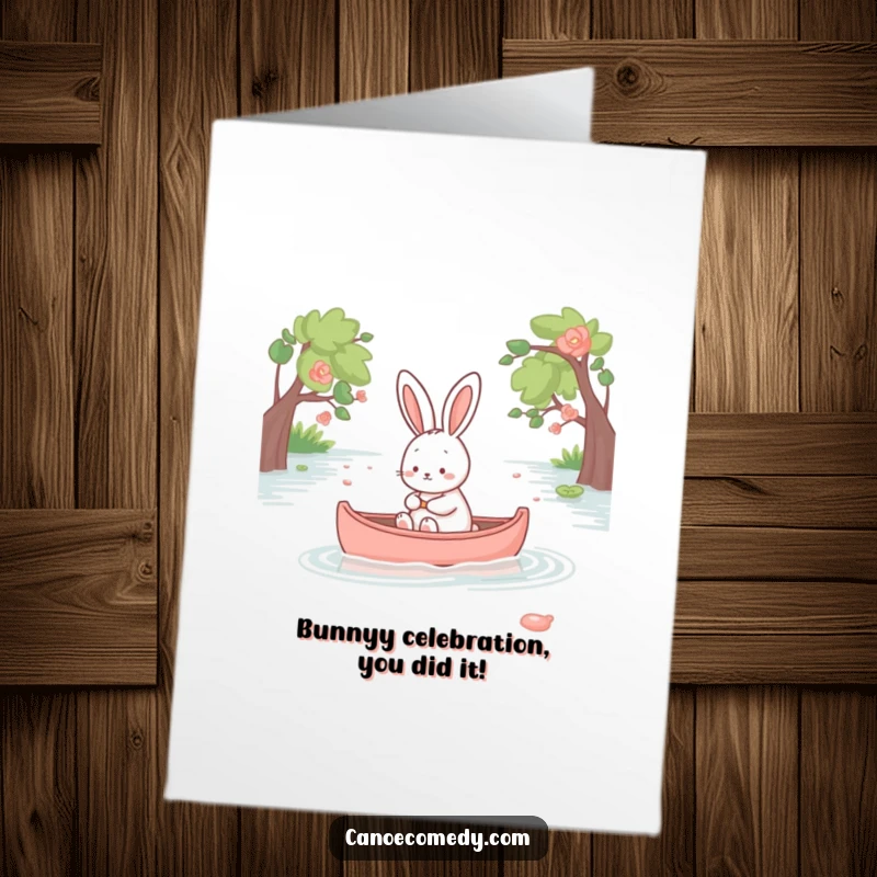Funny Free Printable Congrats Card: Kawaii rabbit serene in canoe, peaceful achievement, gentle waves, downloadable gift.