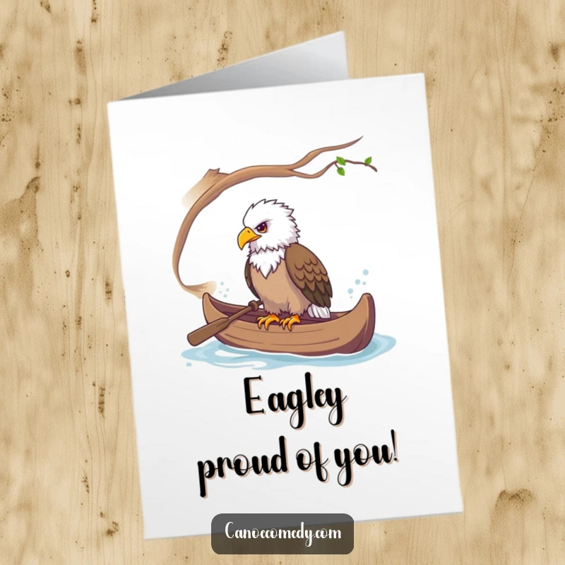 Funny Free Printable Congrats Card: A majestic eagle in a canoe, keenly observing and celebrating an achievement.
