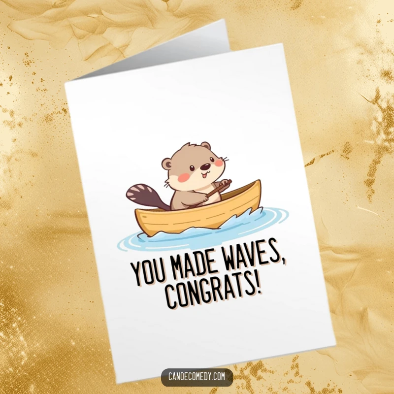 Funny Free Printable Congrats Card: Playful kawaii muskrat splashing water from canoe, cheering for success.