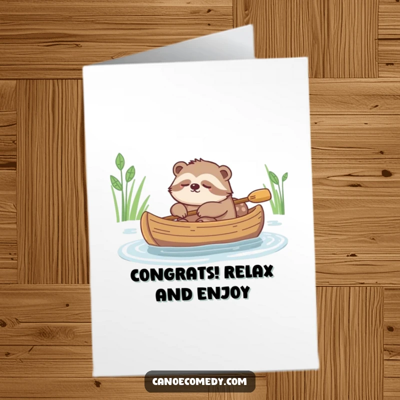 Funny Free Printable Congrats Card: A content sloth snoozing in a canoe, celebrating a relaxed victory.