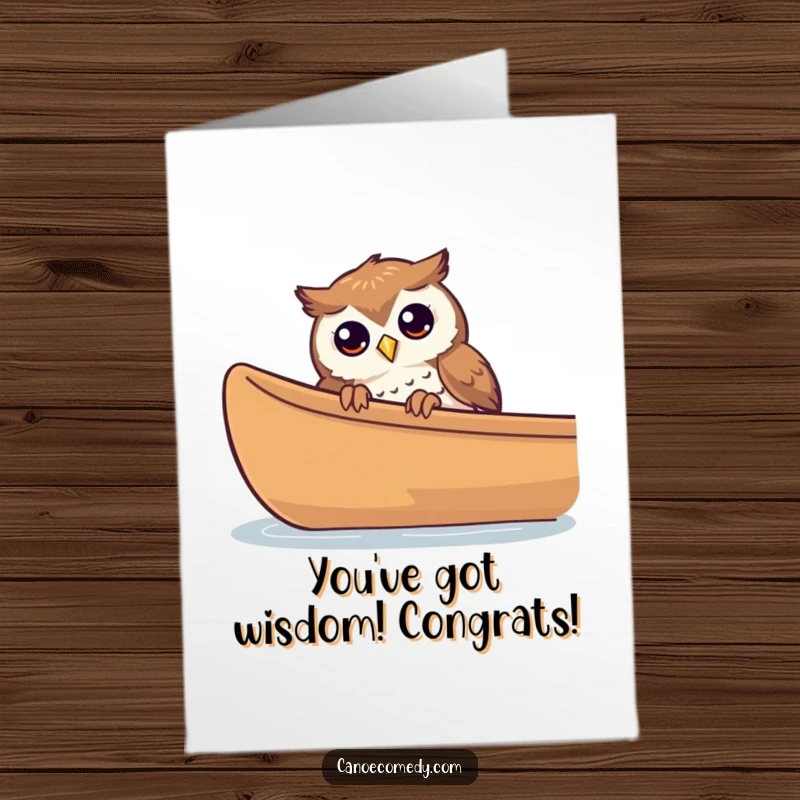 Funny Free Printable Congratulation Card: A curious owl peeking over a canoe edge, celebrating a journey, downloadable gift.