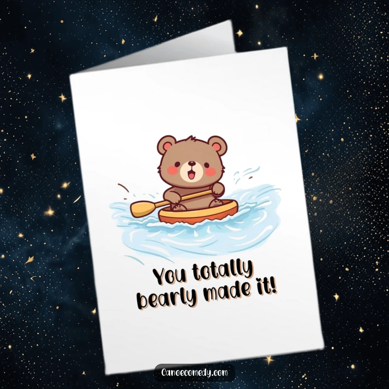 Funny Free Printable Congratulations Card: Cheerful bear paddling a canoe down a river, celebrating success with a DIY gift.