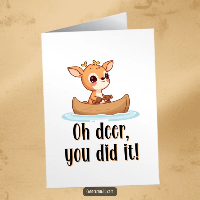 Funny free printable congratulations card showing a small deer in a canoe looking up in wonder, celebrating achievement.