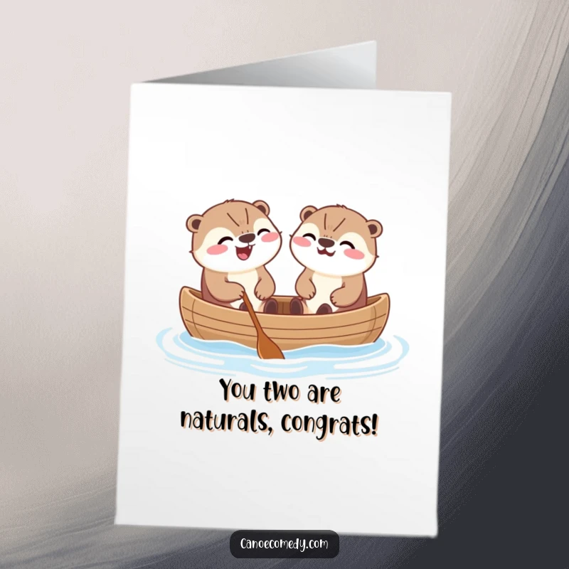 Funny Free Printable Congratulations Card: Kawaii otters in canoe, laughing together, celebrating achievement, downloadable.