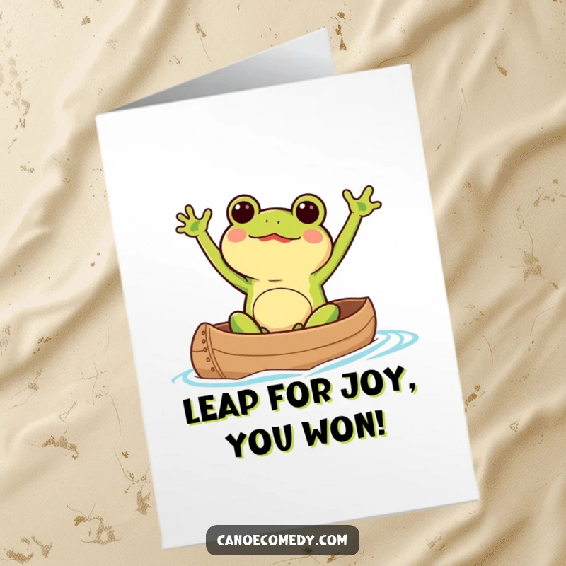 Free Printable Kawaii frog excitedly waving arms in a canoe, celebrating a congratulatory success.