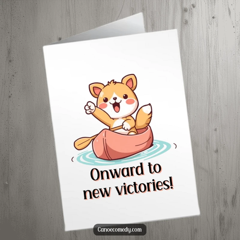 Funny Free Printable Congrats Card: Kawaii animal pointing ahead from a canoe, symbolizing a journey to success and good humor.