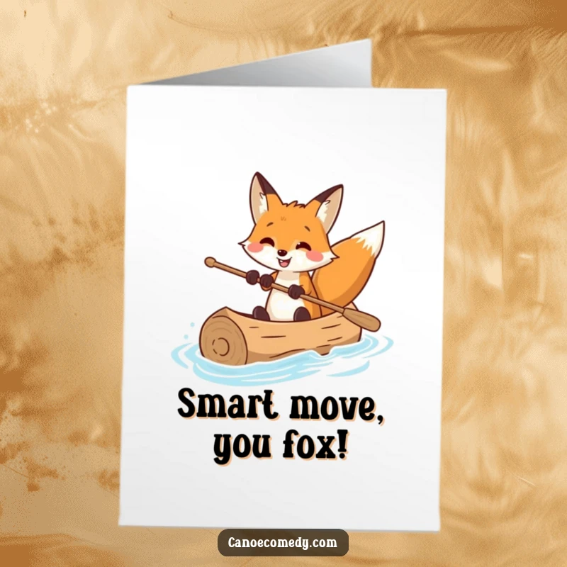 Funny Free Printable Congratulations Card: Smiling fox skillfully steering a log canoe, celebrating success with a grin.