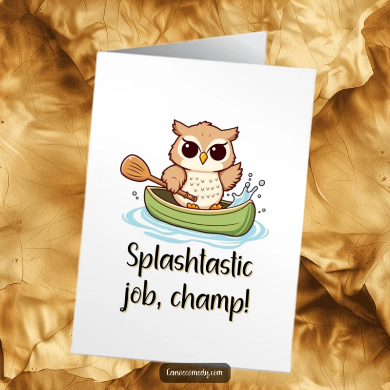 Funny Free Printable Congrats Card: Playful owl splashing water from a canoe, paddle in action, celebrating with glee.