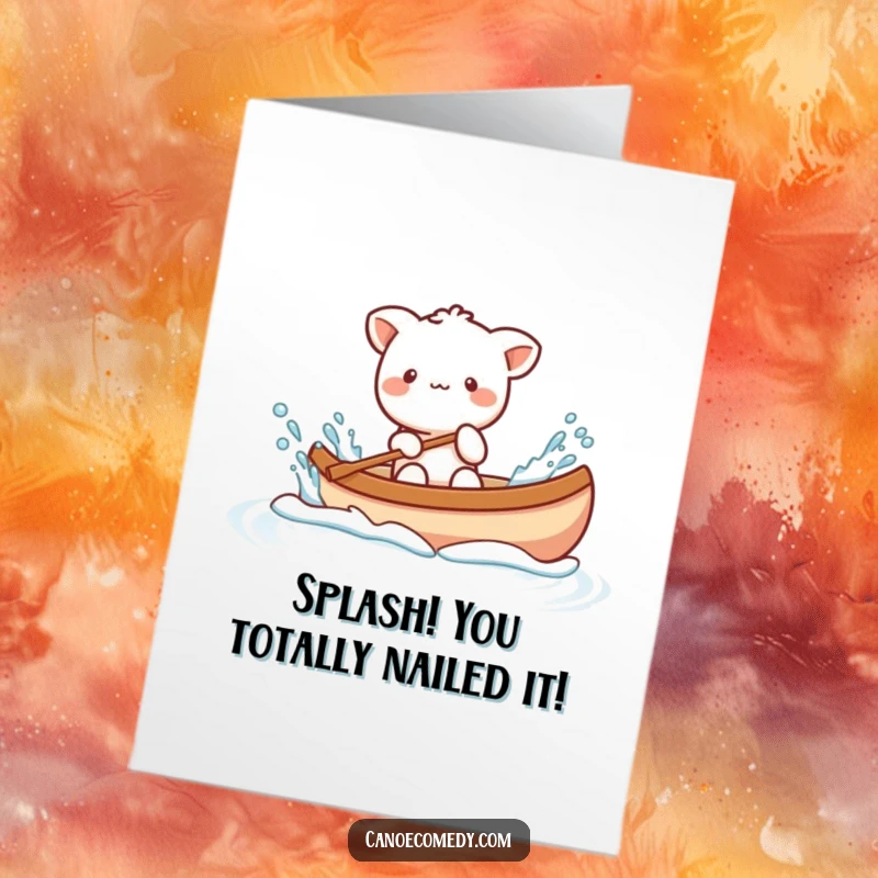 Funny Free Printable Congrats Card: Kawaii animal playfully splashing water from a canoe to celebrate.