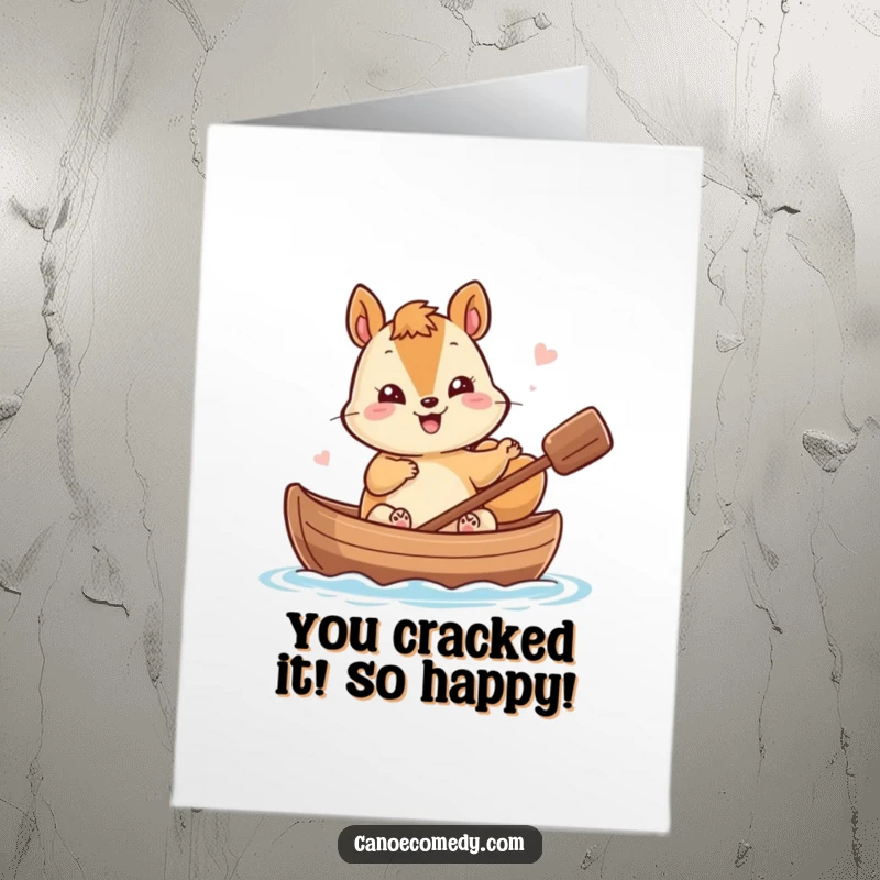 Funny Free Printable Congrats Card: Giggling kawaii squirrel waving from a nutshell canoe, celebrating success with joy.