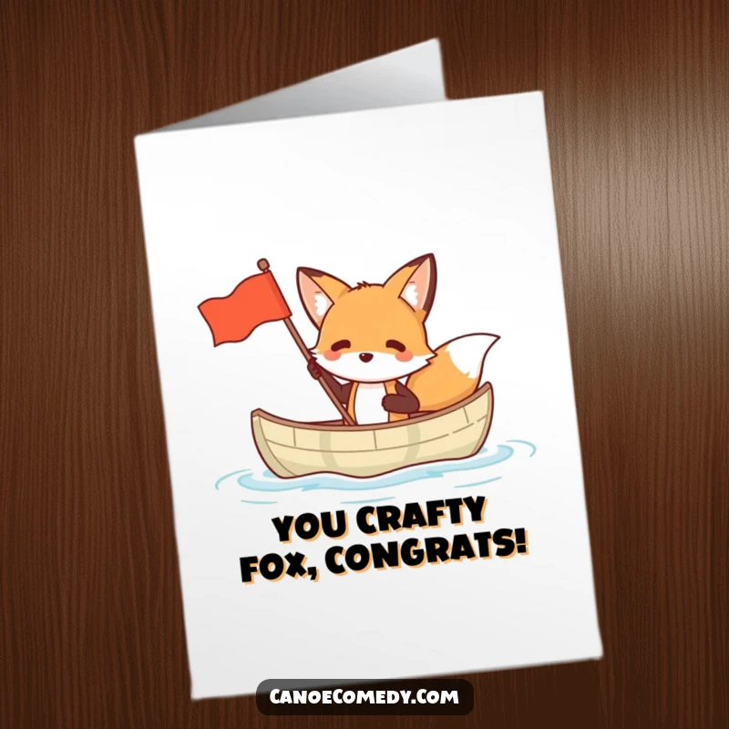 Funny Free Printable Congratulations Card: A cunning fox in a canoe waves a flag, signaling a proud DIY congratulatory message.